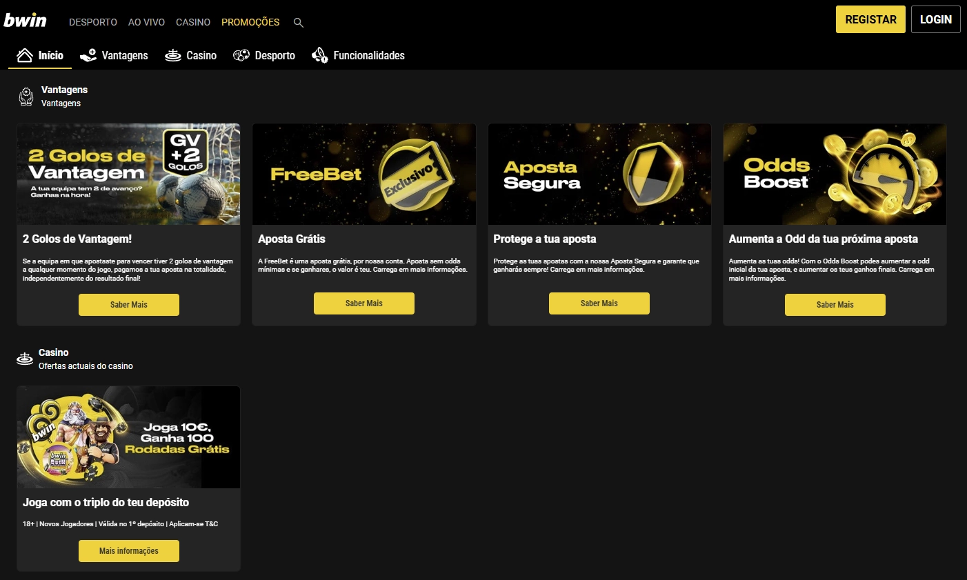 Painel de bónus da Bwin Casino com condições visíveis