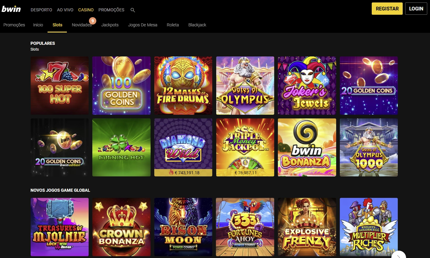 Grelha de jogos da Bwin Casino com filtros por tipo